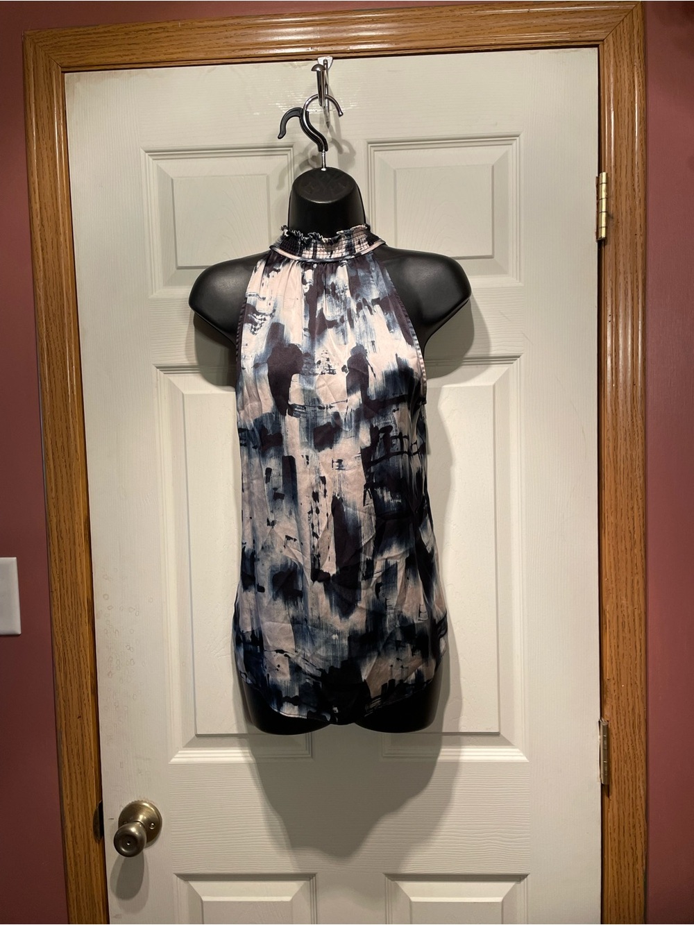 GO BY GO SILK Halter Neck Sleeveless Top in Navy & White